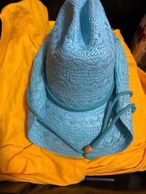 Light Blue Woven Straw Sun Hat with Chin Cord